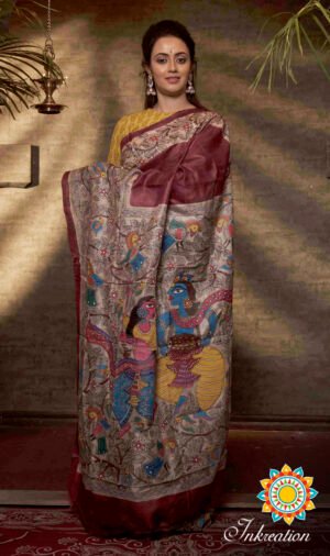 Madhubani hand painted Pure Tussar Silk Sari with blouse piece. Exclusive Madhubani Sari.