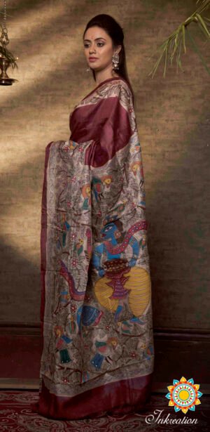 Madhubani hand painted Pure Tussar Silk Sari with blouse piece. Exclusive Madhubani Sari.