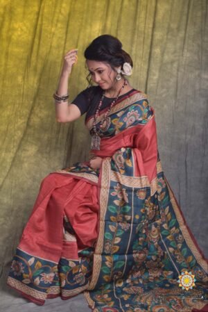 Hand painted KALAMKARI pure TUSSAR ETHNIC Sari with blouse piece.